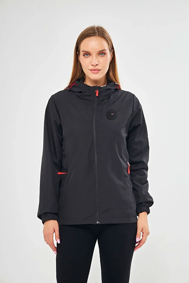 Women's Black Lined Windproof Hooded Pocket Raincoat