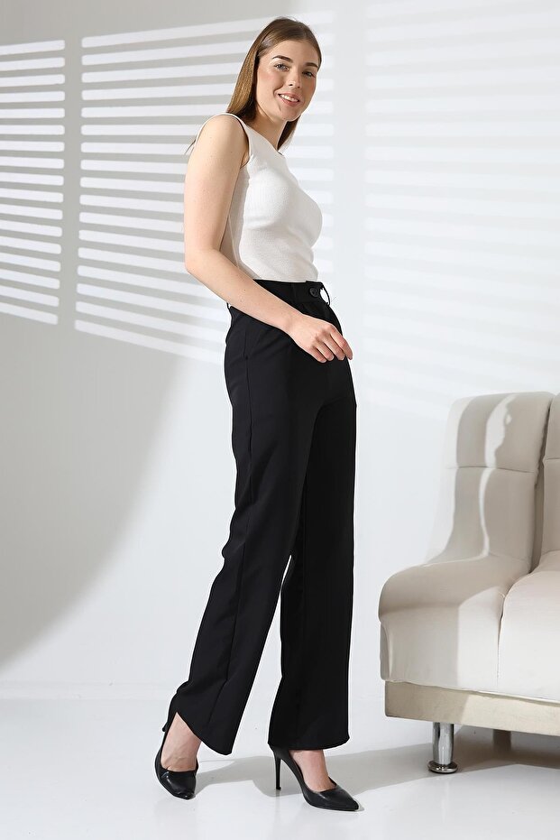 Black Crepe Fabric Palazzo Pants with Buttons and Pockets - 5