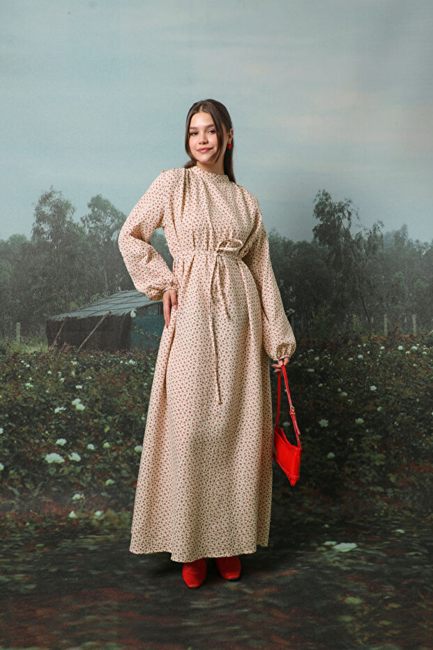 Çiçek Desenli Müslin Elbise Kırmızı - 1