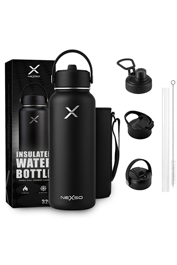 1L Black Insulated Stainless Steel Water Bottle | Double Wall Thermos with 3 Leak-Proof Lids