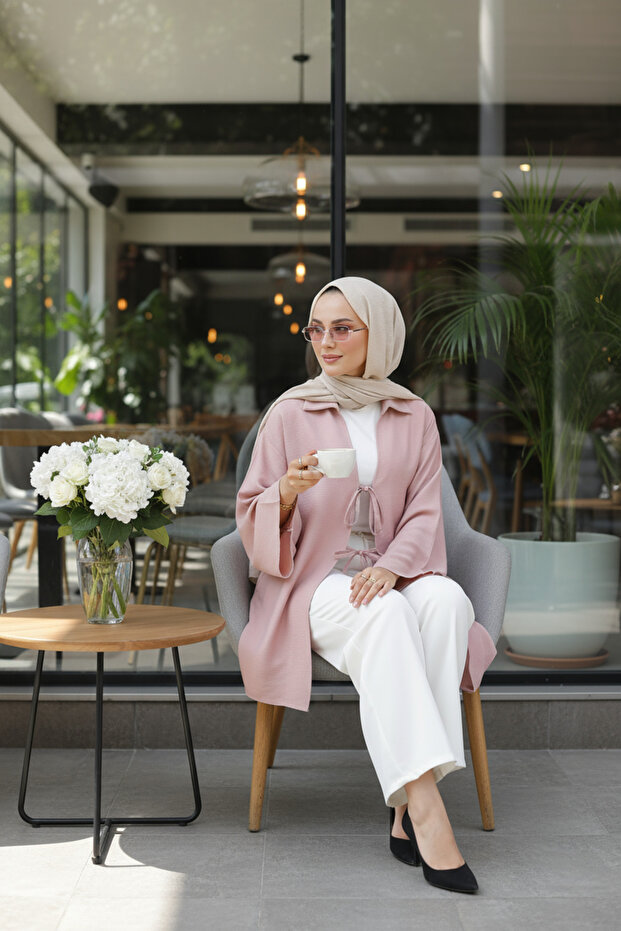 Dusty Rose - Natural Viscose Fabric Pocketed Lace-Up Women's Hijab Kimono 1167-Tes