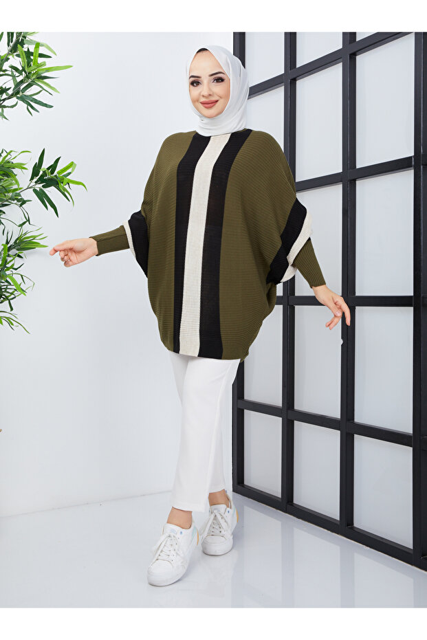 Striped Front Batwing Knitwear Tunic - Khaki - Sahra Butique