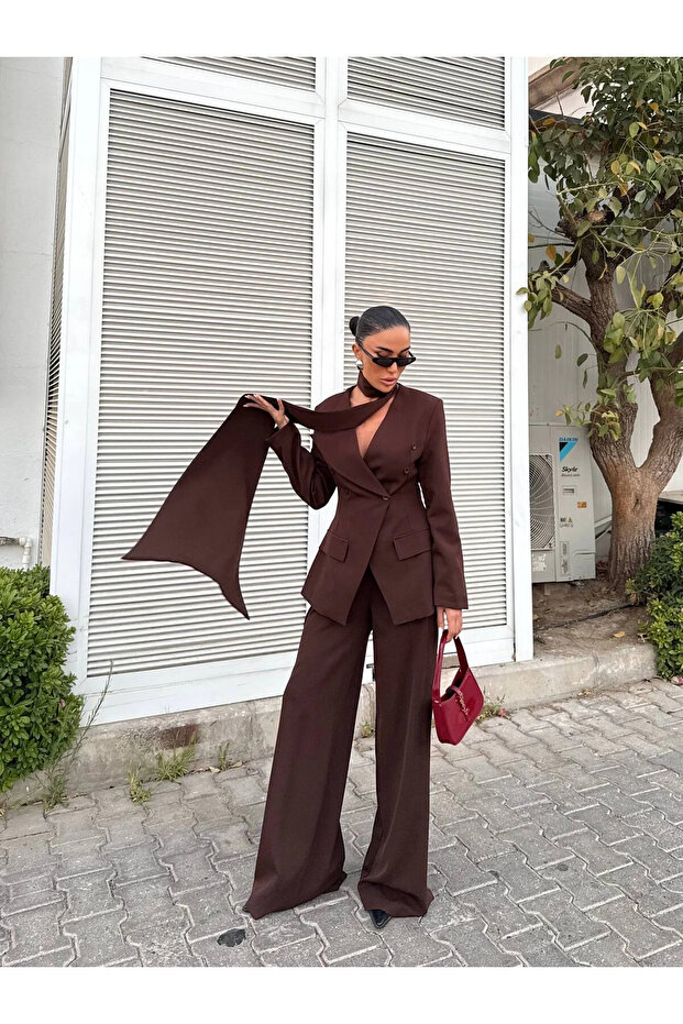 Women's Modern Design Shawl Detailed Pants Jacket Set