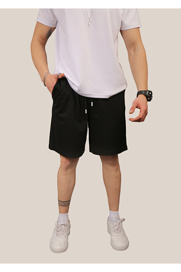 Men's Black Baggy Cut 2 Thread Basic Summer Shorts & Bermuda with Elastic Waist Pocket