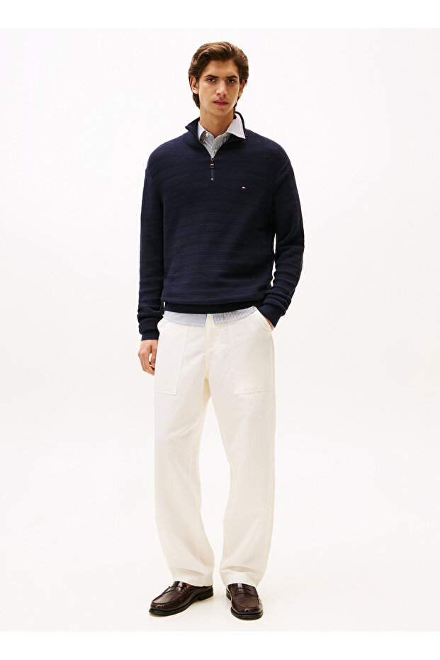 Bisiklet Yaka Normal Mavi Erkek Kazak MW0MW39536DW5_STRIPE STRUCTURE ZIP - 1