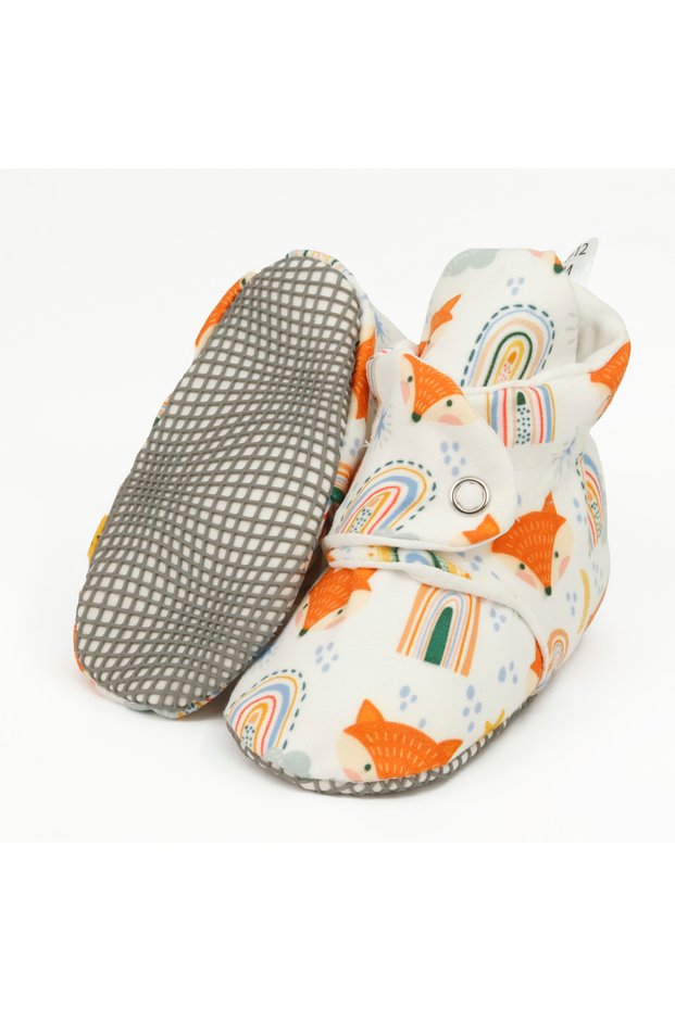 Non-Slip Sole Baby and Toddler Slippers, Organic Cotton Home and Nursery Booties - Fox and Rainbow