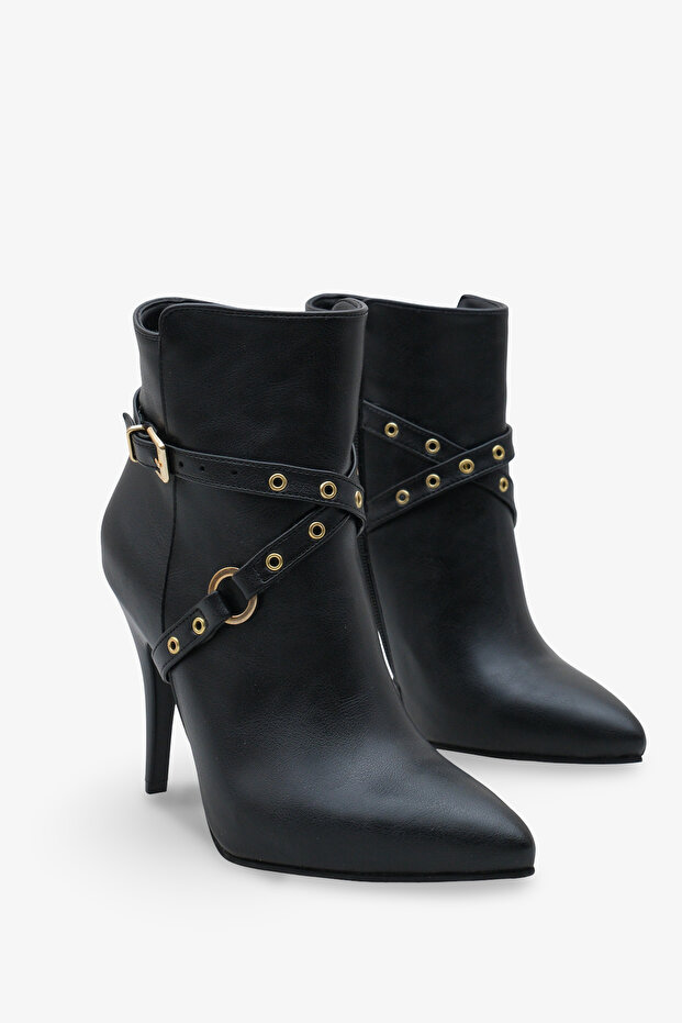Women's Belted Side Zipper Pointed Toe Daily Heeled Boots Tery Black