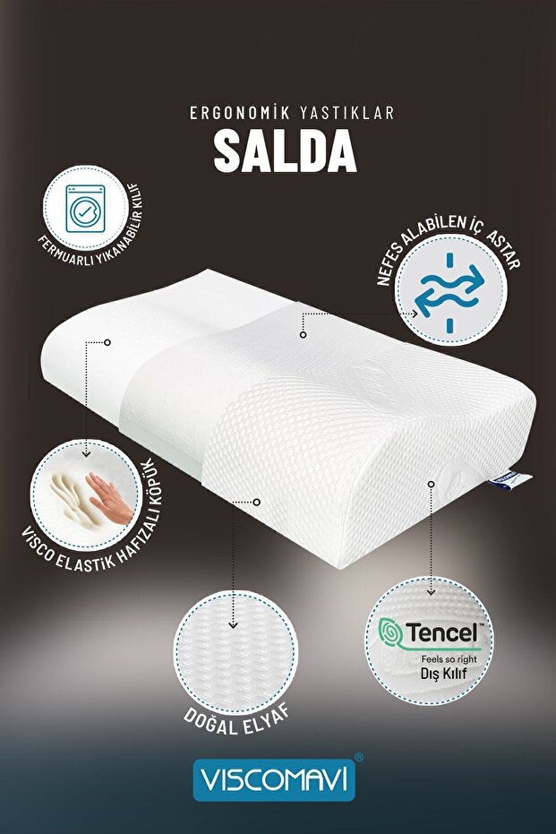Salda Ergonomik & Ortopedik| Boyun destekli |Doğal Lif Kılıflı |Astarlı |Ömür Testli |Visco Yastık - 7