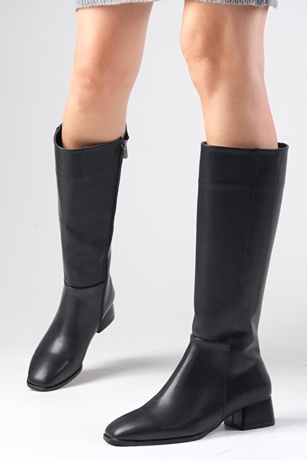 Briony Black Color Side Zipper, Thin Faux Fur Lined Blunt Toe Women's Heeled Boots