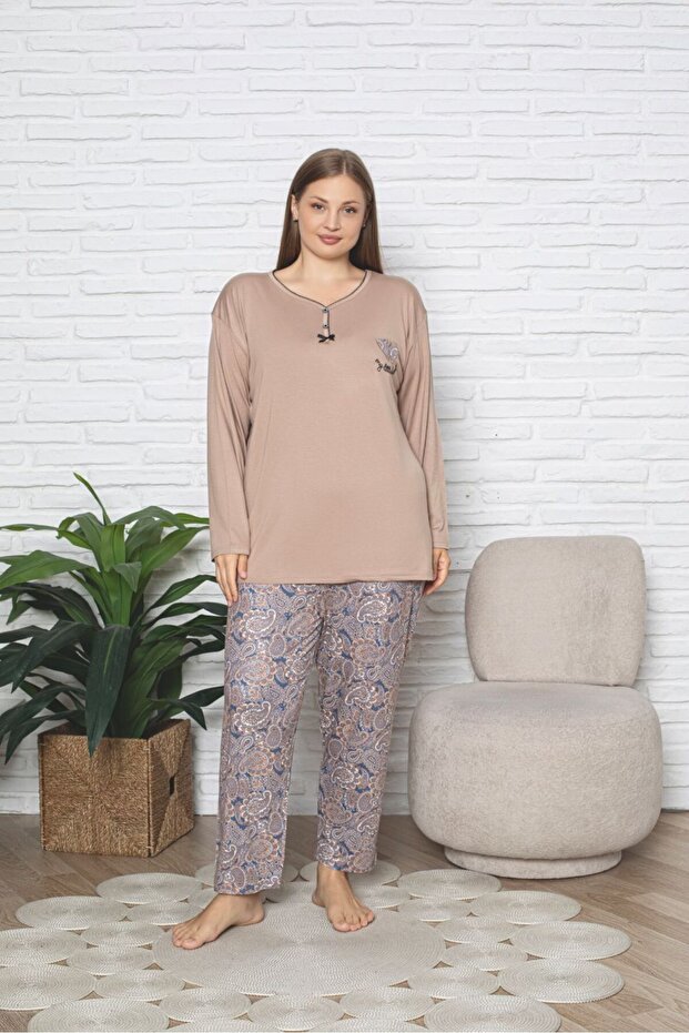 طقم بيجامة من القطن الممشط من الليكرا مقاس كبير - 2