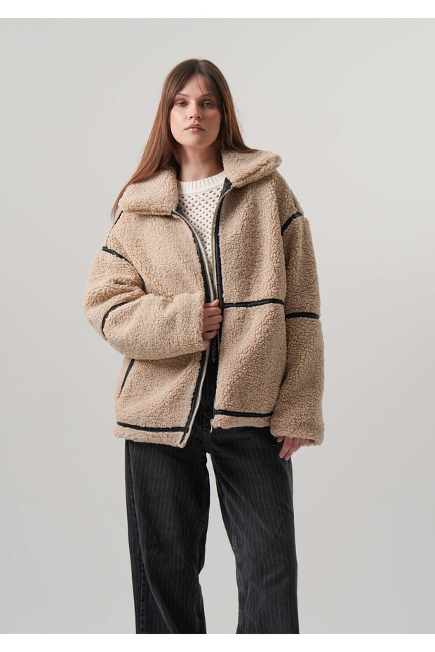 Women's coat leather detailed women's oversize plush coat