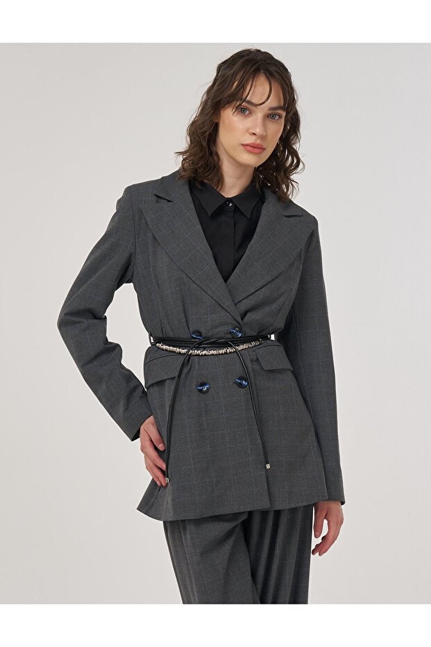 سترة منقوشة بحزام مزدوج الصدر من أنثراسايت - 2