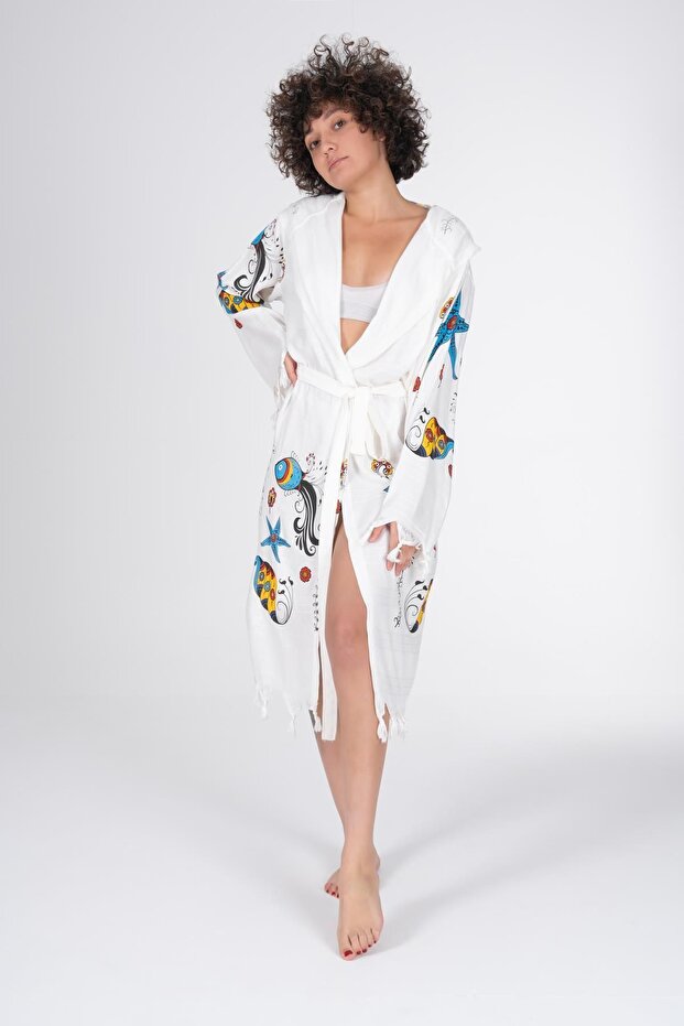 Baskılı Bambu Peştemal Sabahlık Bornoz - 4
