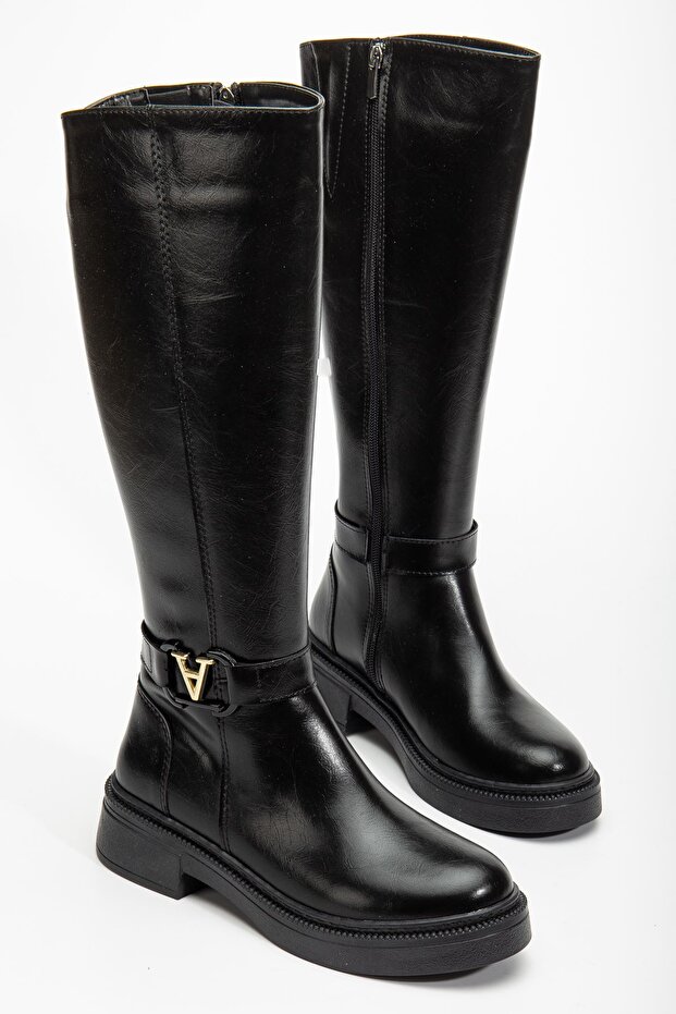 Women's Black Leather Stretch Buckle Detailed Boots