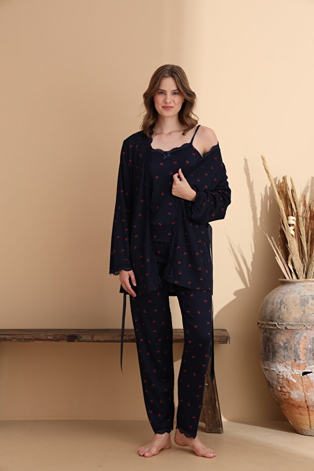 Cherry Pattern Cares Knitted Lycra Long Sleeve Women's 3-Piece Dressing Gown Pajama Set - 2