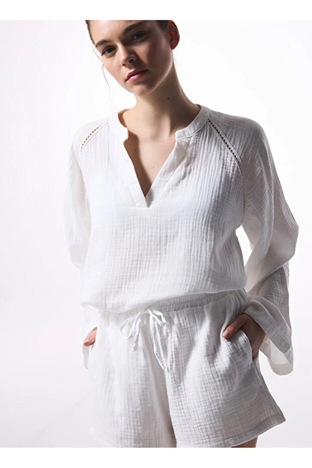 Lastikli Bel Normal Beyaz Kadın Şort - 1