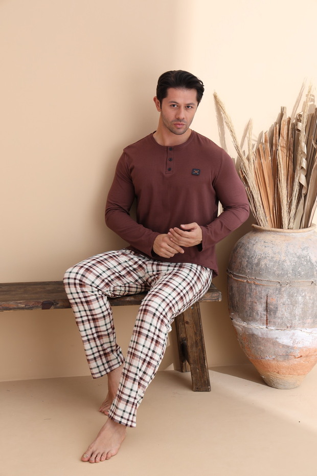 Kahve Ekose Desen Düğmeli Uzun Kol Erkek Pijama Takımı - 2