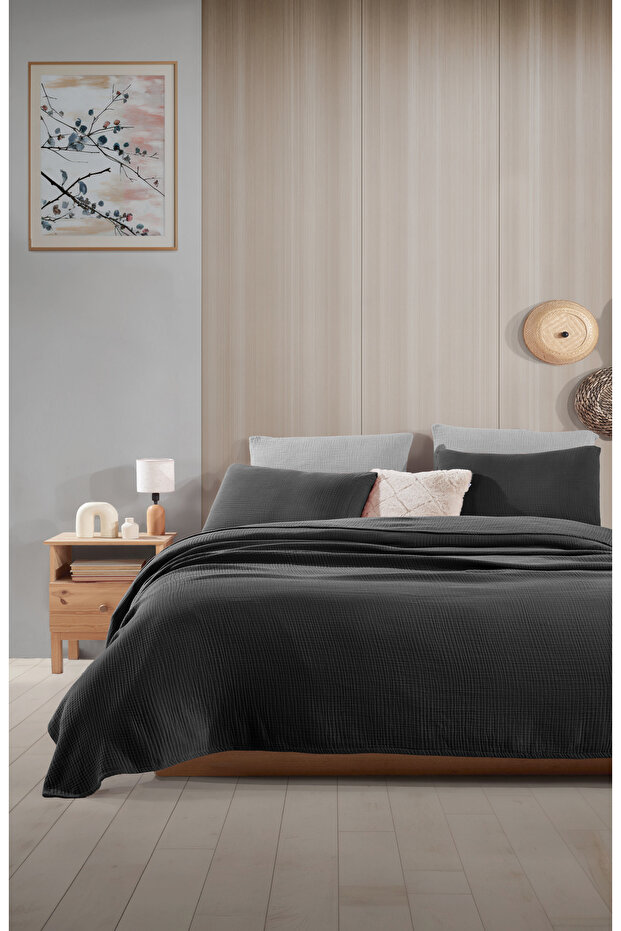 Black Double 200 X 240cm Bedspread/2 Pieces 50x70cm Pillow 4 Layers Multi Muslin 100% Cotton