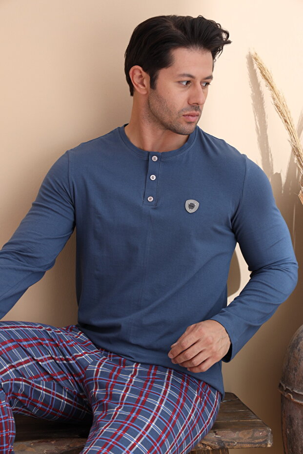 Indigo Plaid Pattern Button Long Sleeve Men's Pajama Set