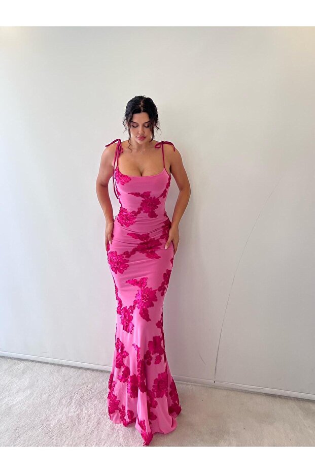Pembe Ayarlanabilir Askılı Çiçekli Astarlı Maksi - 9