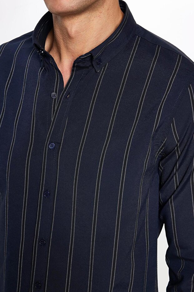 Erkek Slım Fıt Dar Kesim Uzun Kollu Pamuklu Kolay Ütü Çizgili Lacivert Düğmeli Yaka Gömlek - 4