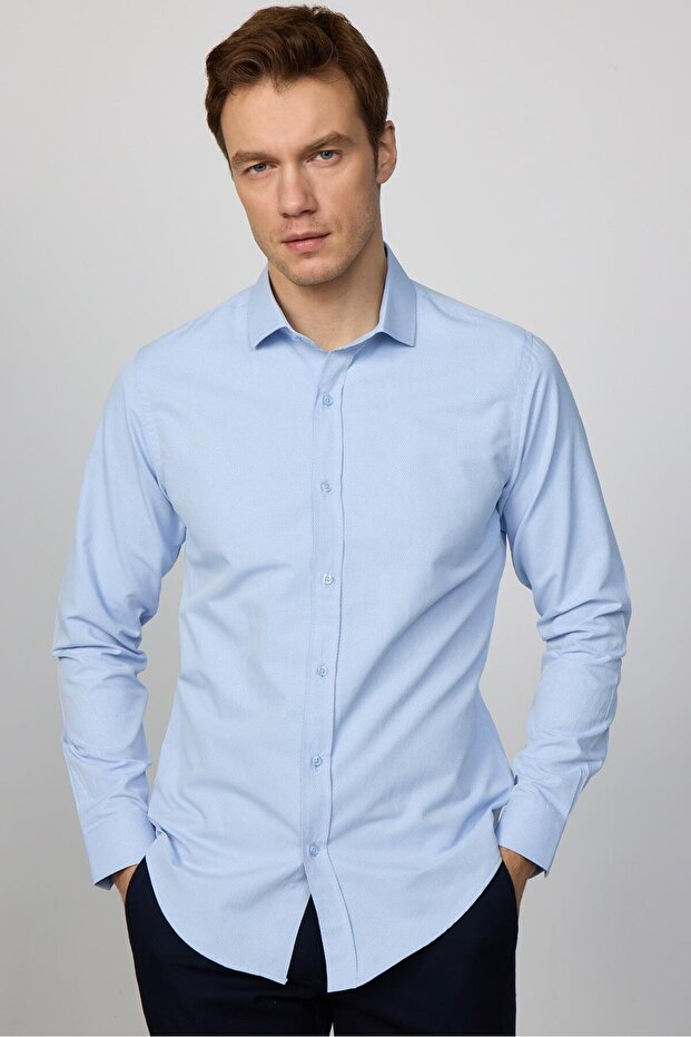 Slim Fit Long Sleeve Cotton Easy-Iron Dobby Men's Blue Shirt