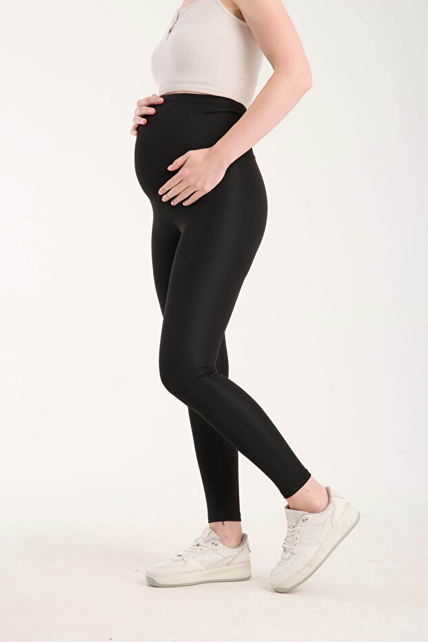 Állítható magas derekú fekete összehúzó kismama leggings - 6