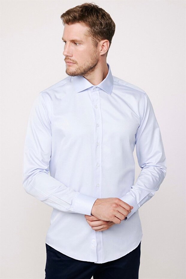 Men's modern slim fit plain satin cotton blue shirt