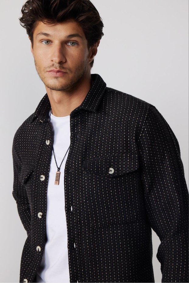 Men's Slim Fit Slim Fit Long Sleeve Striped Double Pocket Winter Lumberjack Shirt