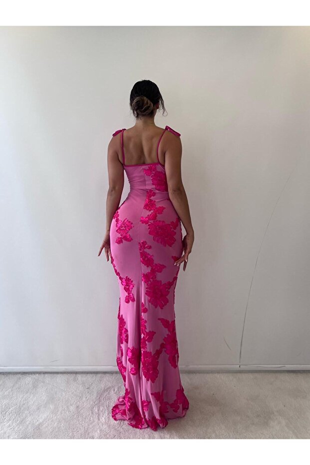 Pembe Ayarlanabilir Askılı Çiçekli Astarlı Maksi - 7