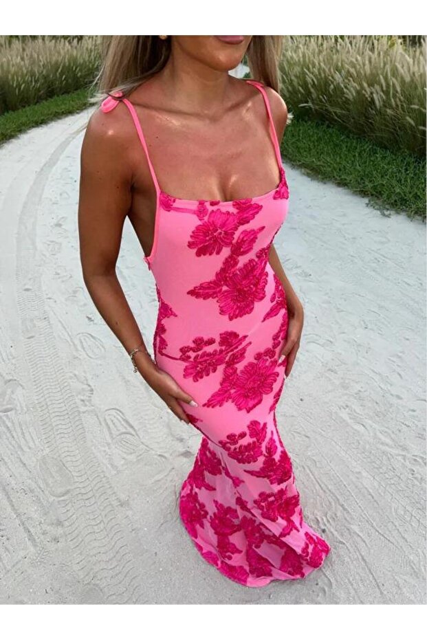 Pembe Ayarlanabilir Askılı Çiçekli Astarlı Maksi - 3