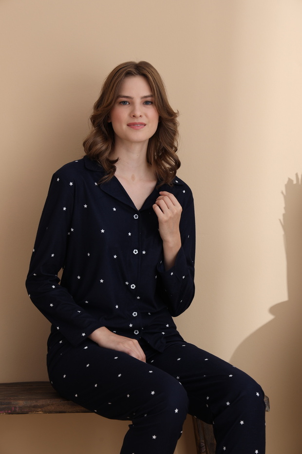 Star Pattern Suede Knitted Long Sleeve Women's Buttoned Pajama Set