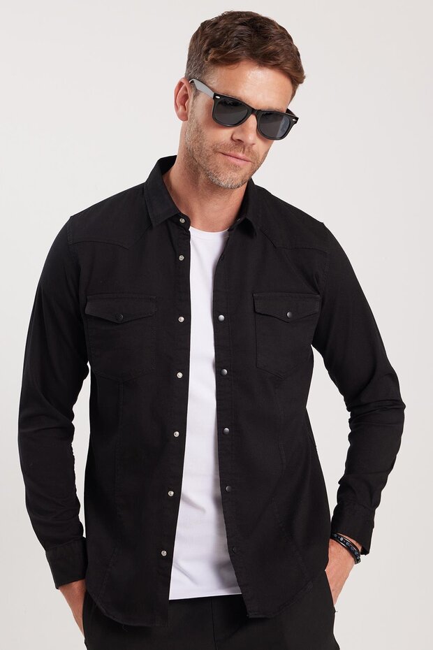 Slim Fit Long Sleeve Casual Denim Jeans Men's Black Shirt