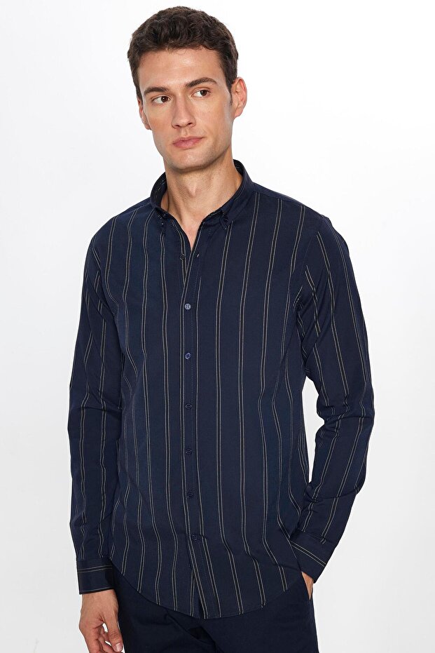 Erkek Slım Fıt Dar Kesim Uzun Kollu Pamuklu Kolay Ütü Çizgili Lacivert Düğmeli Yaka Gömlek - 3