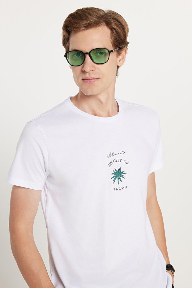 Men's Slim Fit Slim Fit 100% Cotton Soft Texture Printed White Crew Neck T-Shirt
