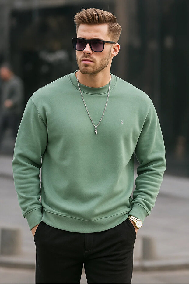 Çağla Renk Basic Bisiklet Yaka Relaxed Regular Erkek Sweatshirt - 2