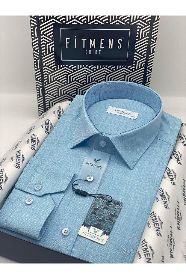 Classic Long Sleeve Pocketless Linen Collar Buttoned Bottom Men's Shirt with Gift Box Fs-003686 - Turquoise