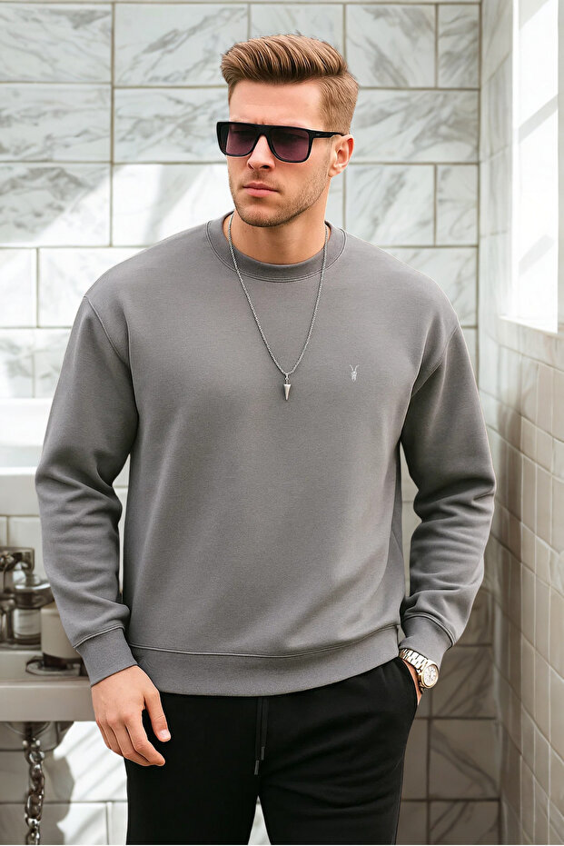 Gri Renk Basic Bisiklet Yaka Relaxed Regular Erkek Sweatshirt - 4