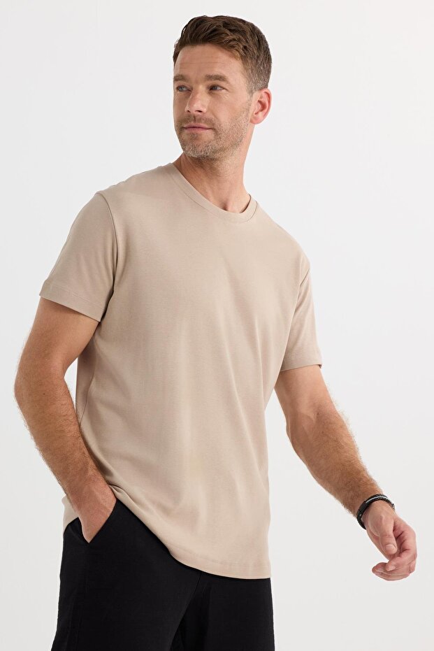 Unisex Relax Fit Relaxed Fit 100% Cotton Soft Textured Lightweight Thick Beige Crew Neck T-Shirt