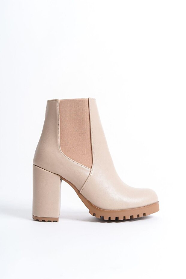 Mbzfr5010D-N Women's Nude Thick Heeled Short Boots & Booties with Elastic Sides
