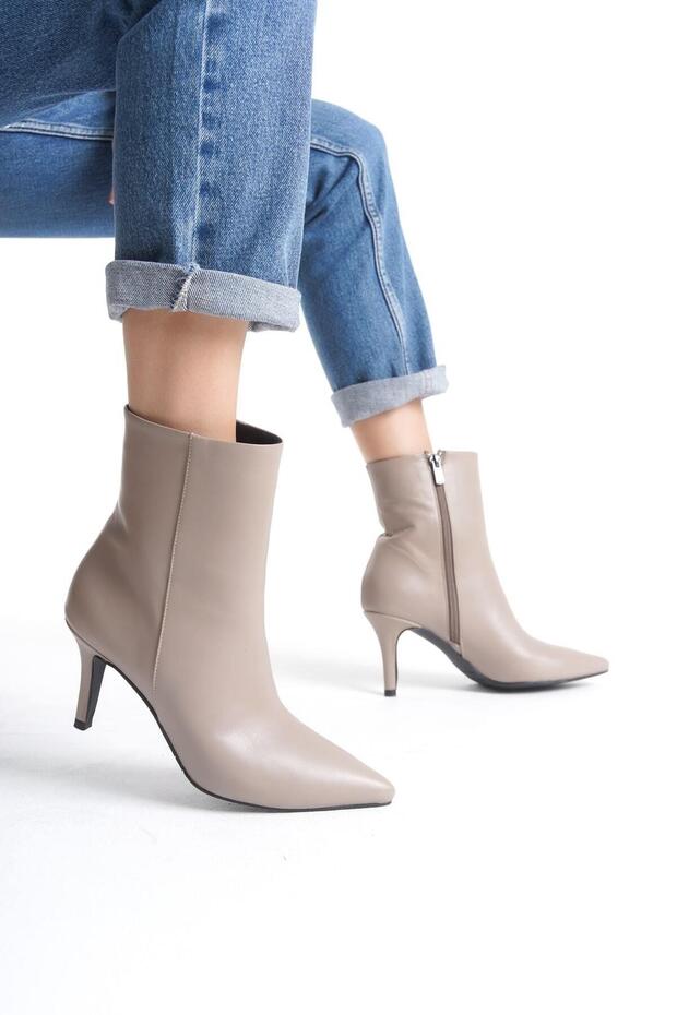 Mubiano Genuine Leather Collection Women's Zippered Pointed Toe Short Boots Mink - Mcalm2232 - Vz