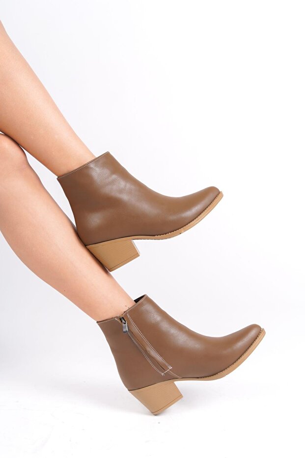 Mbvct5005-Vz Women's Mink Pointed Toe Short Thick Heeled Zippered Boots & Booties