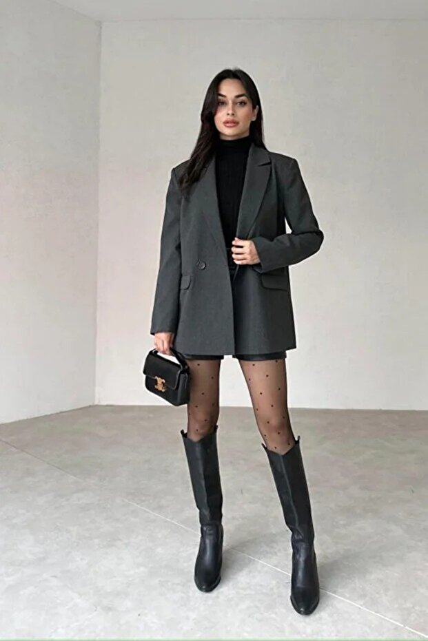 Kadın Tek Düğmeli Antrasit Blazer Ceket - 2