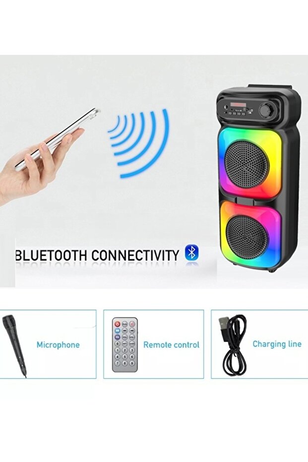 مكبر صوت لاسلكي بتقنية البلوتوث براديو FM وفتحة ذاكرة TF ومدخل USB ومدخل ميكروفون قابل لإعادة الشحن - 6