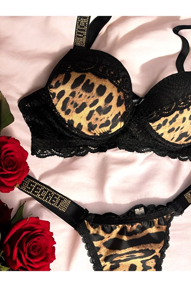 Leopard Print Stone Supported Bra Set - 4