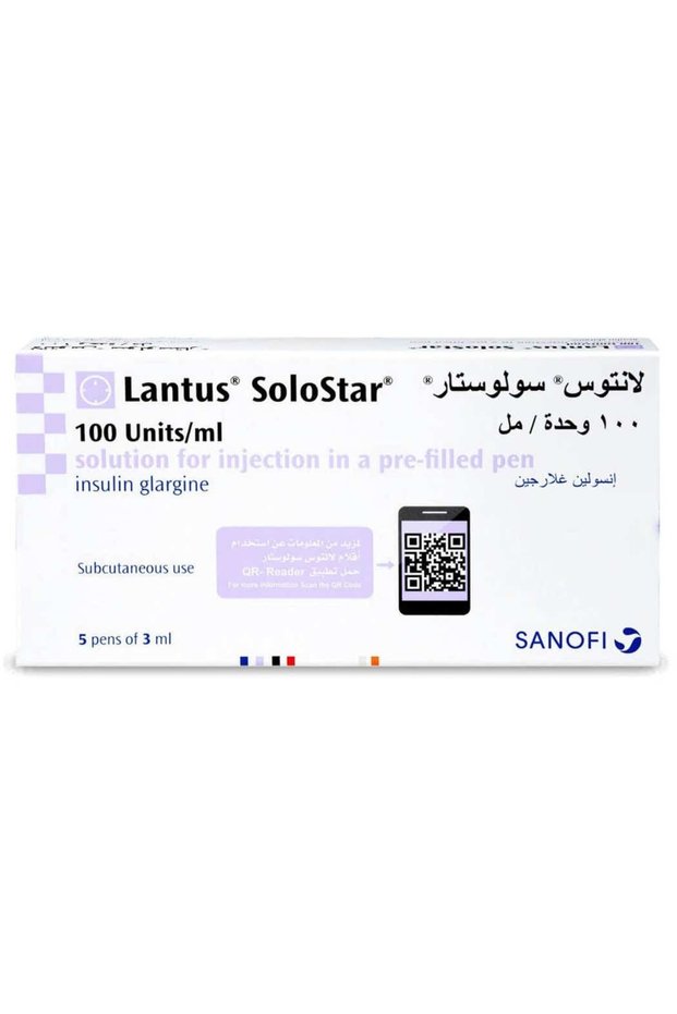 أقلام لانتوس 100 وحدة دولية/مل إنسولين جلارجين سولوستار، عبوة من 5 قطع، سعة 3 مل