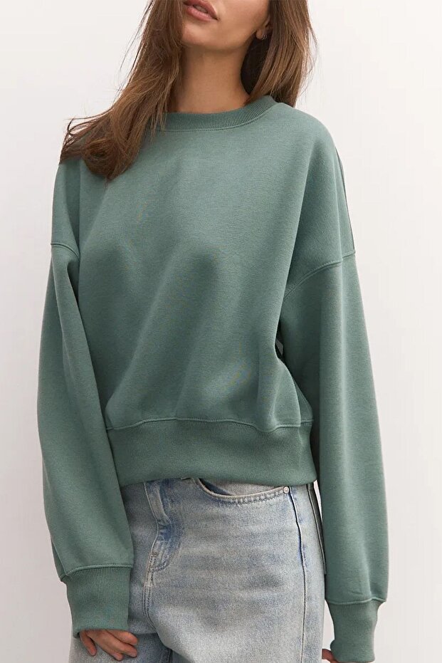 Kadın Çağla Basic Crop Kesim Sweatshirt - 8