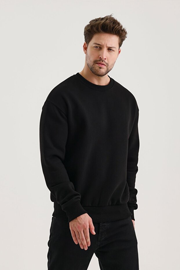 Siyah Bisiklet Yaka Oversize Şardonlu Basic Erkek Sweatshirt - 1