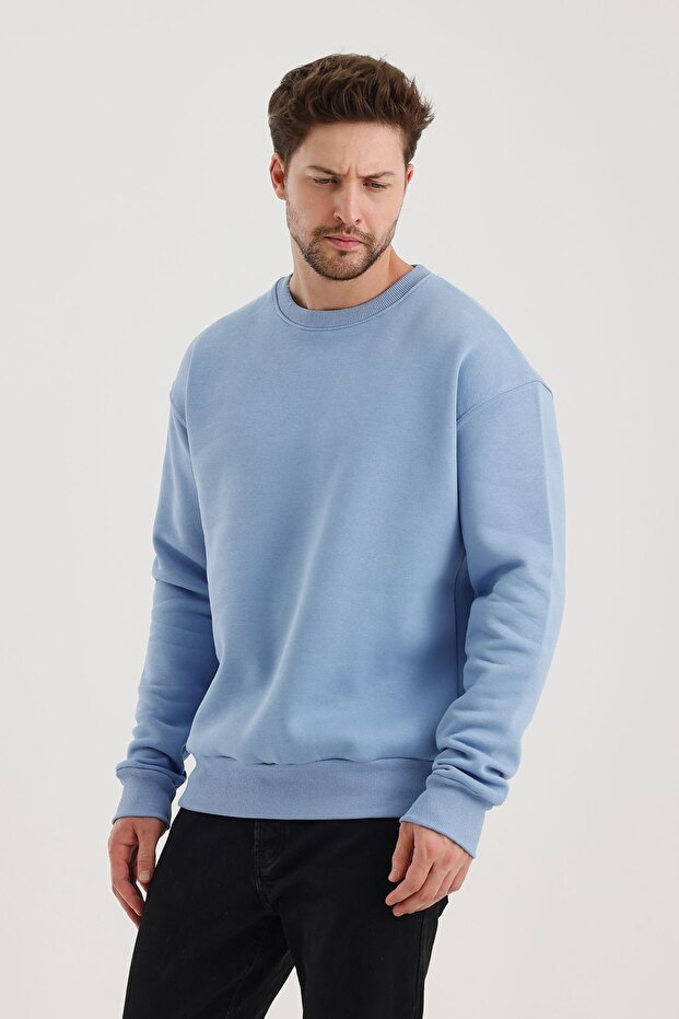 Açık Mavi Bisiklet Yaka Oversize Şardonlu Basic Erkek Sweatshirt - 1