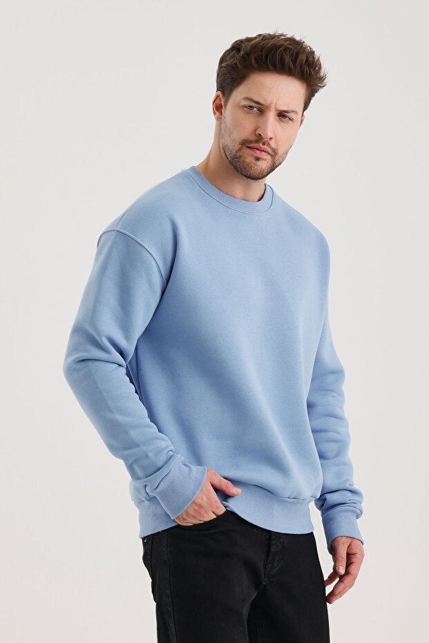 Açık Mavi Bisiklet Yaka Oversize Şardonlu Basic Erkek Sweatshirt - 6
